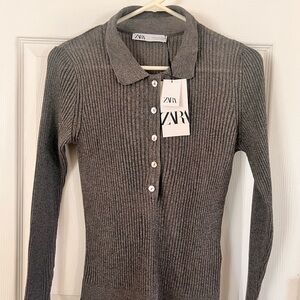 NWT RIBBED KNIT POLO SWEATER Long sleeve top with lapel collar. Front button.